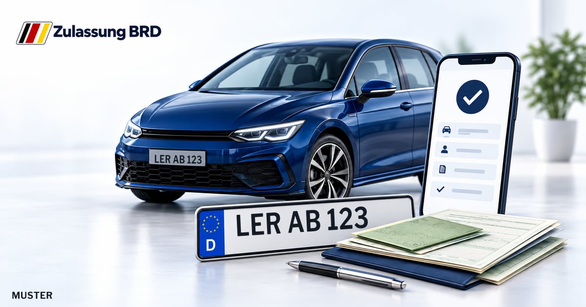 Online Fahrzeugzulassung in Uplengen: Musterkennzeichen LER AB 123, Auto und Fahrzeugpapiere und Smartphone. Illustration mit Logo von Zulassung BRD.